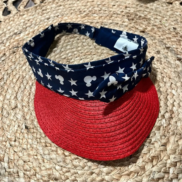 Disney Parks Women's Straw Visor Hat Bow Americana Stars Red White Blue July 4th - Picture 1 of 4